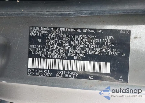 2006 Toyota Tundra Sr5 V8 z USA, uszkodzony, nr VIN 5TBDT44166S530703